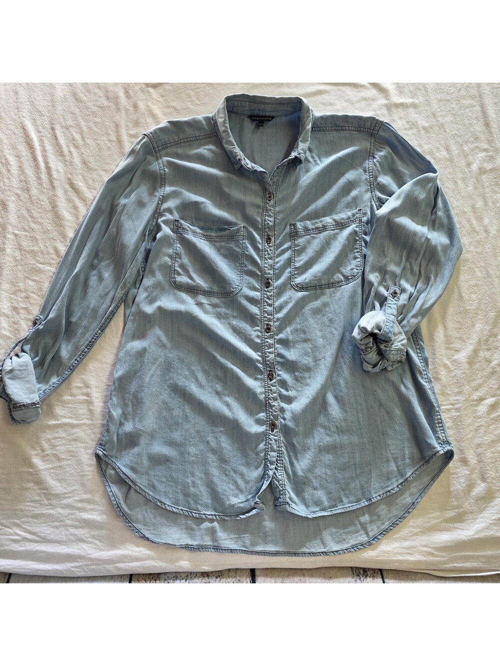 Staccato Women Button Down Shirt Size M Light Blue Chambray Long Roll Tab Sleeve